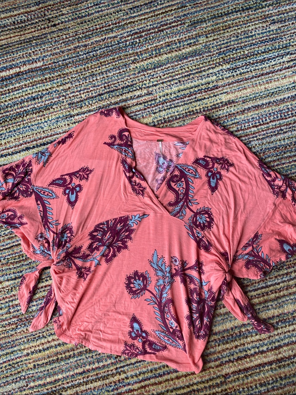 Free People Coral Floral Tie-Side Tunic with Plum & Light Blue Accents